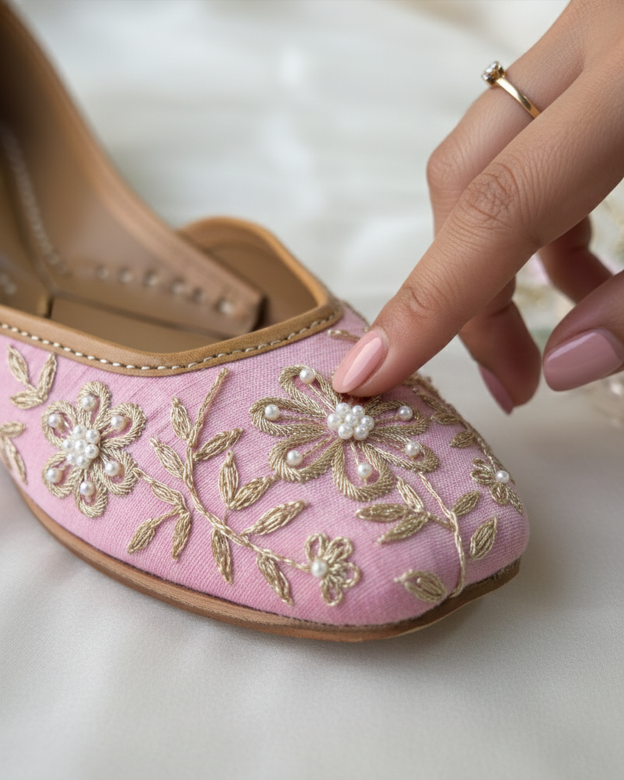 Pink embroidered shoe with gold details and a hand touching it on a light background